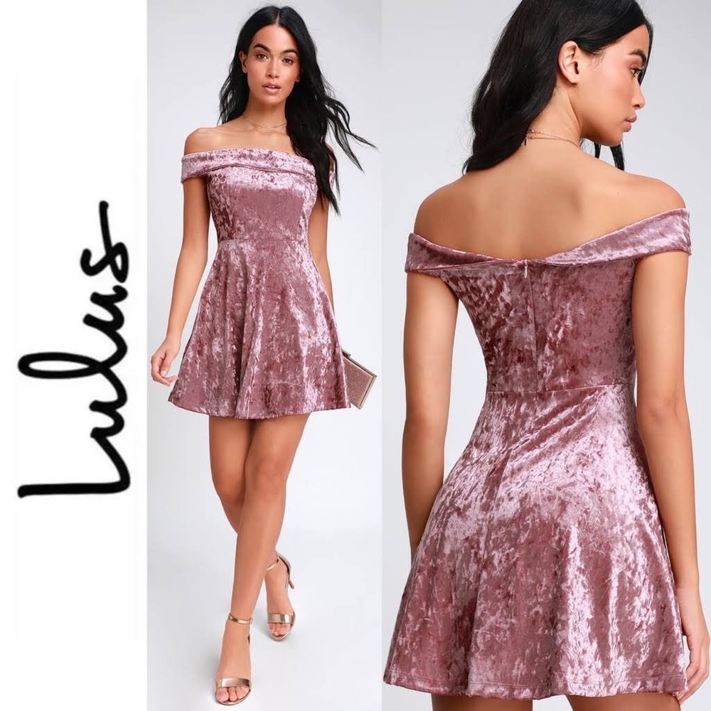Lulu's Season of Fun Dusty Mauve Velvet Off-the-Shoulder Skater Mini Dress Small